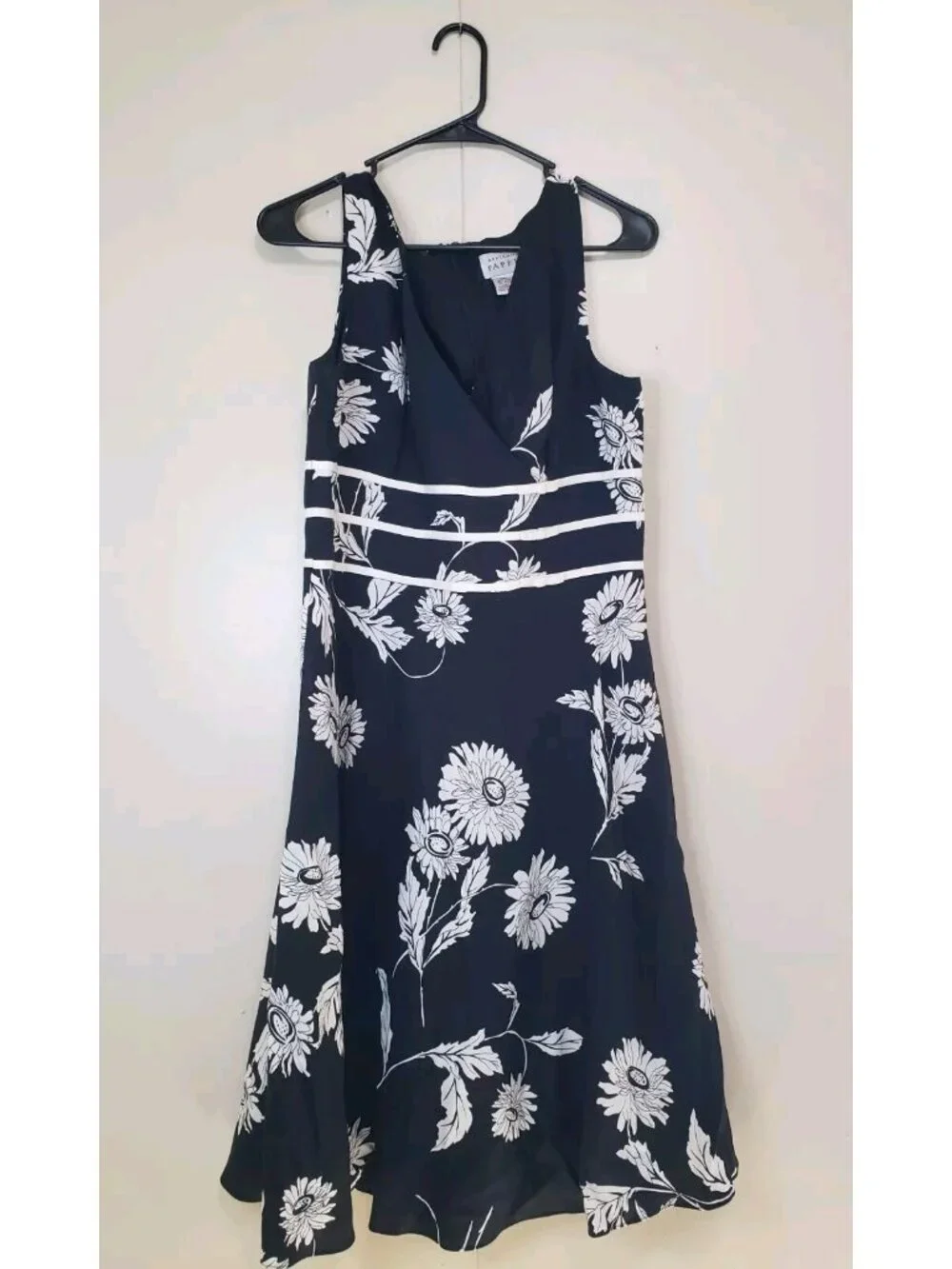 Adrianna Papell Womens 12 Dress A Line Black Floral Linen Rayon Blend Sleeveless
